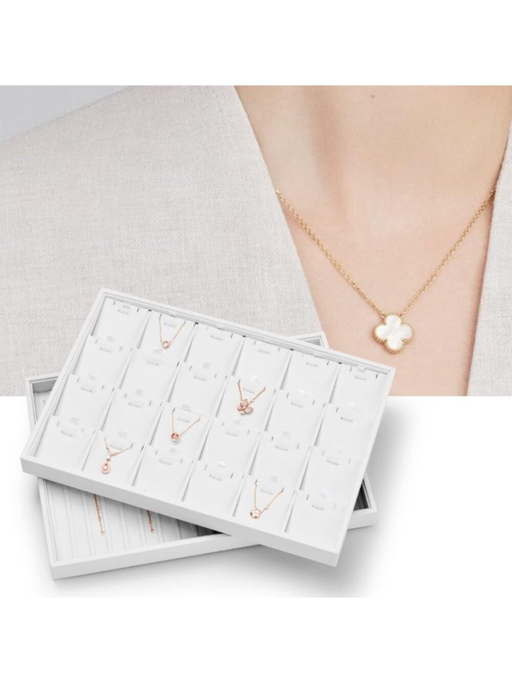 Elegant White Leather Jewelry Organizer Tray - 24 Grid Stackable Display with - Picture 4 of 9
